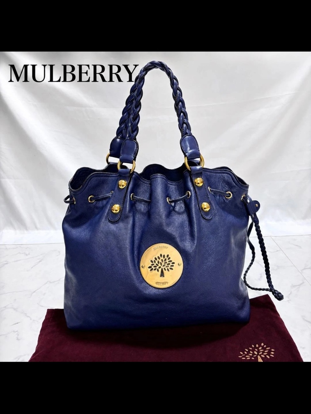 Mulberry Navy Leather Braided Handle Tote Bag